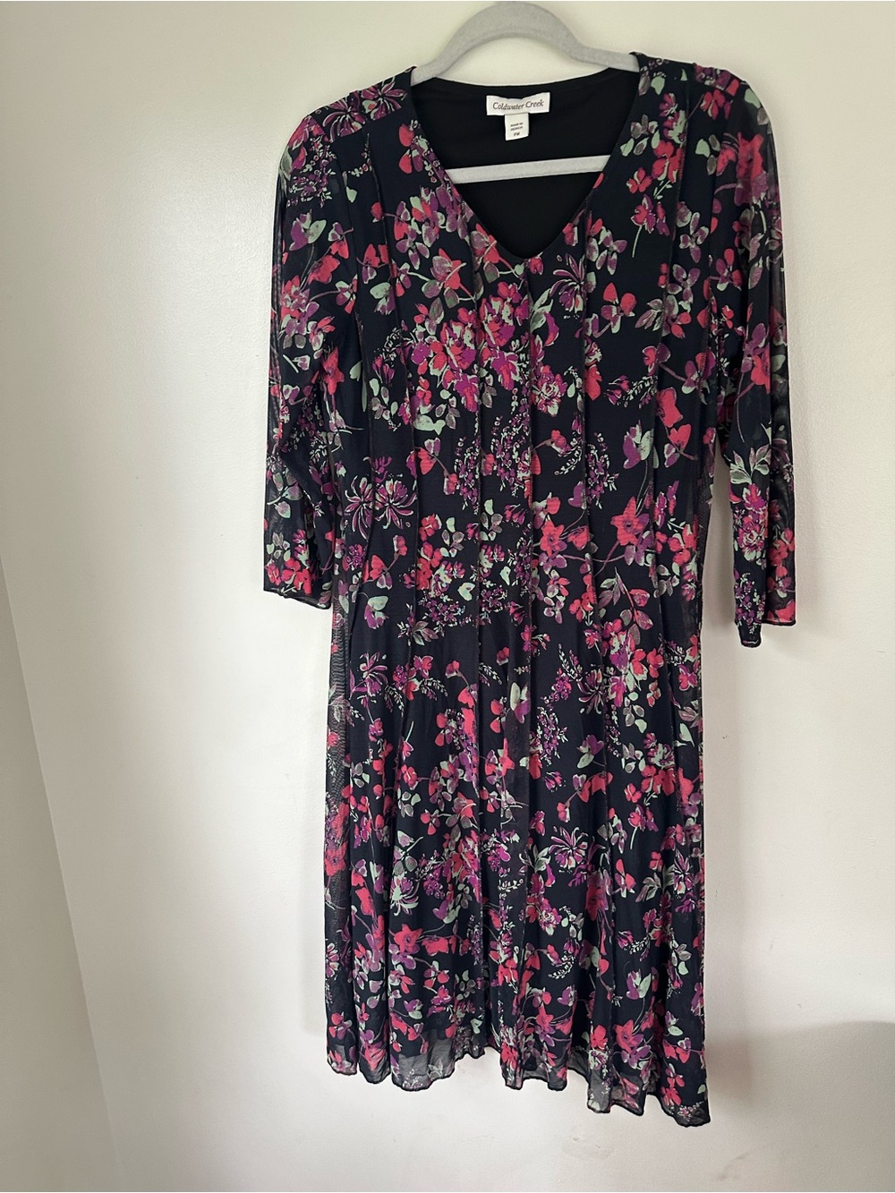 Coldwater Creek Sheer Mesh Floral V-Neck Midi Dress Size Petite Medium PM